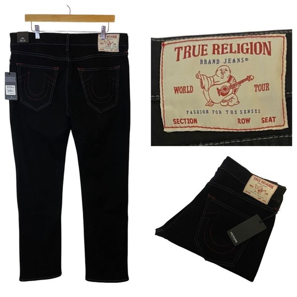 True Religion NWT Ricky Straight Black Jeans Classic Horseshoe Stitch W36 L34